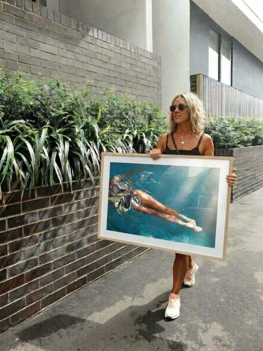 Snakes and Ladders by DANIELLEX, swimmer print held on the street