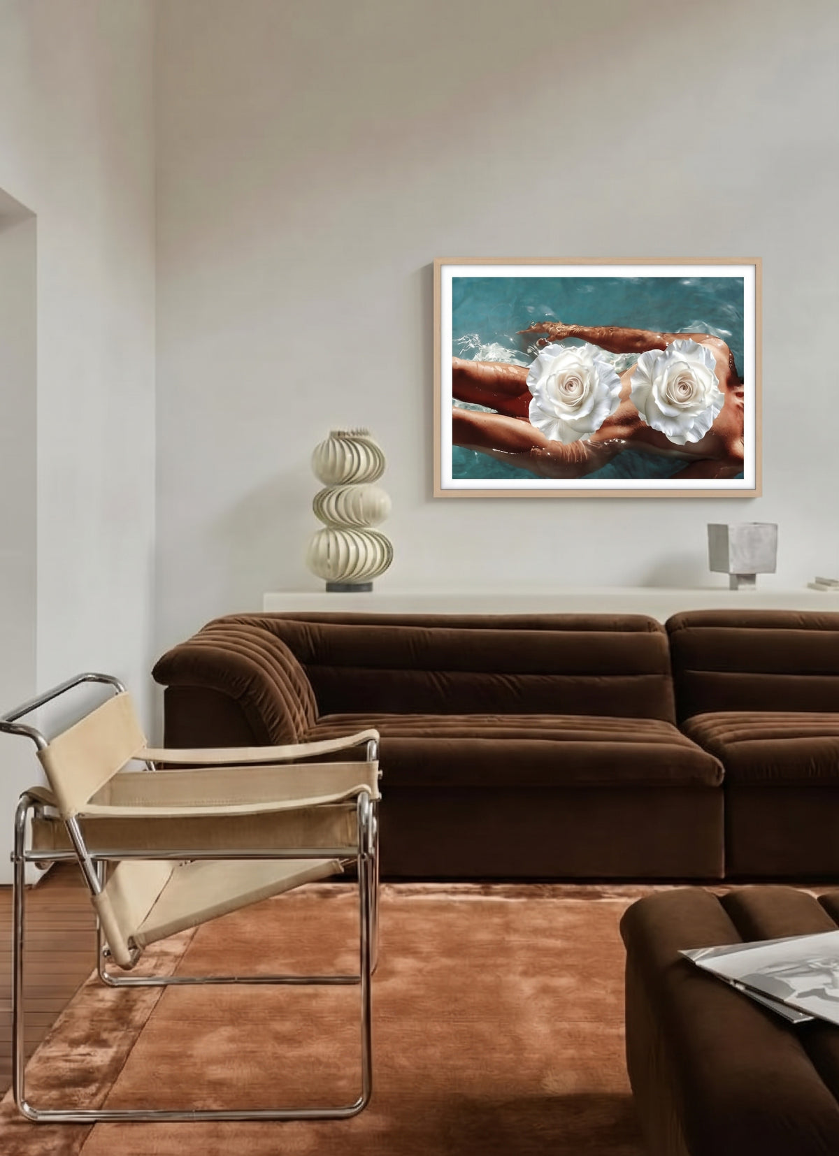 Forget Me Not by DANIELLEX, swimmer print above a sofa